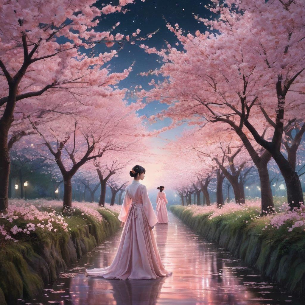 A captivating illustration of an ethereal landscape merging vibrant fantasy elements with traditional Japanese aesthetics. Picture a serene cherry blossom grove under a starlit sky, where characters dressed in elegant traditional and modern attire engage in playful and intimate interactions. The atmosphere should radiate warmth and intrigue, inviting the viewer to explore the boundaries of sensuality and creativity. soft focus, dreamlike, pastel colors, anime style.