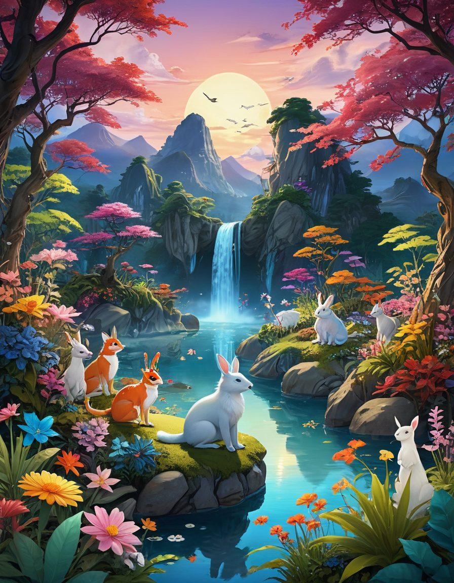 A whimsical scene depicting a fantasy world filled with vibrant characters and surreal landscapes, blending elements of adult animation and hentai culture. Showcase a diverse group of anthropomorphic creatures engaging in playful activities, surrounded by lush flora and glowing magical motifs. Incorporate hints of traditional Japanese art style blended with modern animation techniques to highlight cultural aspects. Emphasize the contrast between fantasy and reality, accompanied by vibrant colors and soft, ethereal lighting. vibrant colors. super-realistic.